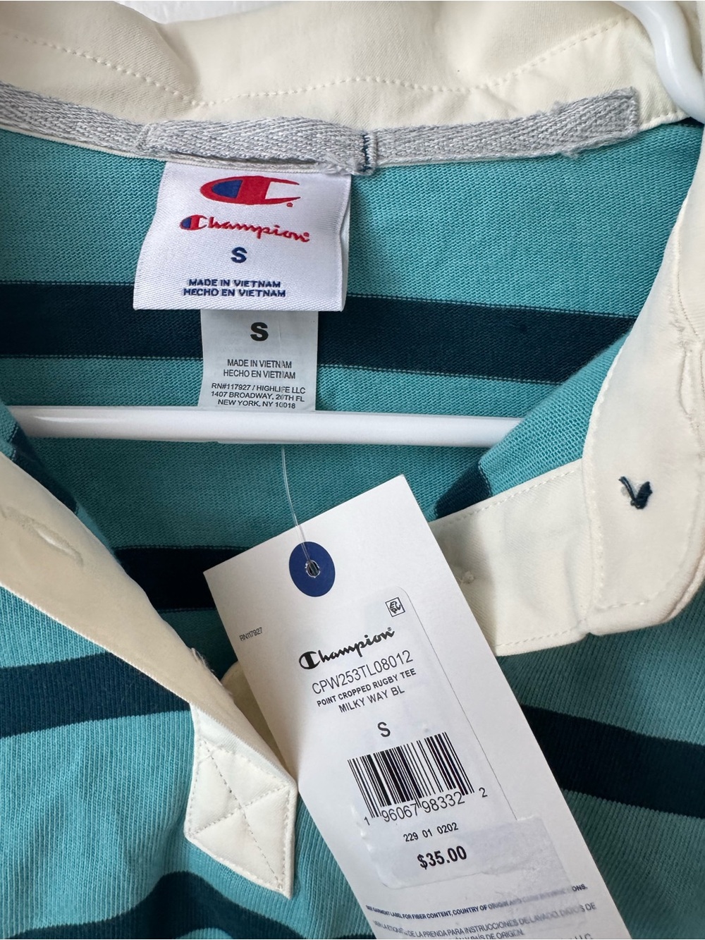 Champion Teal and Navy Striped Rugby Shirt with Cream Collar - Picture 2 of 3